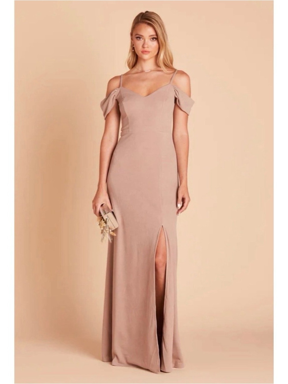 New Birdy Grey Taupe Cold-Shoulder Maxi Dress with Front Slit NWT